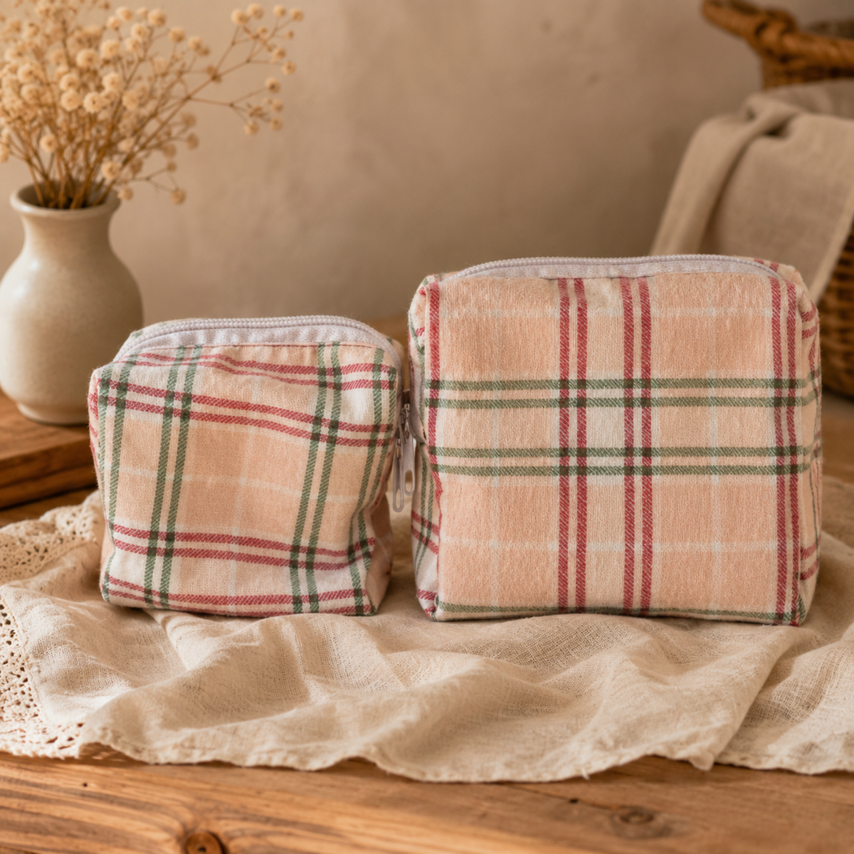 Tartan Makeup Bag & Travel Organizer - Flannel Plaid Zipper Pouch Set
