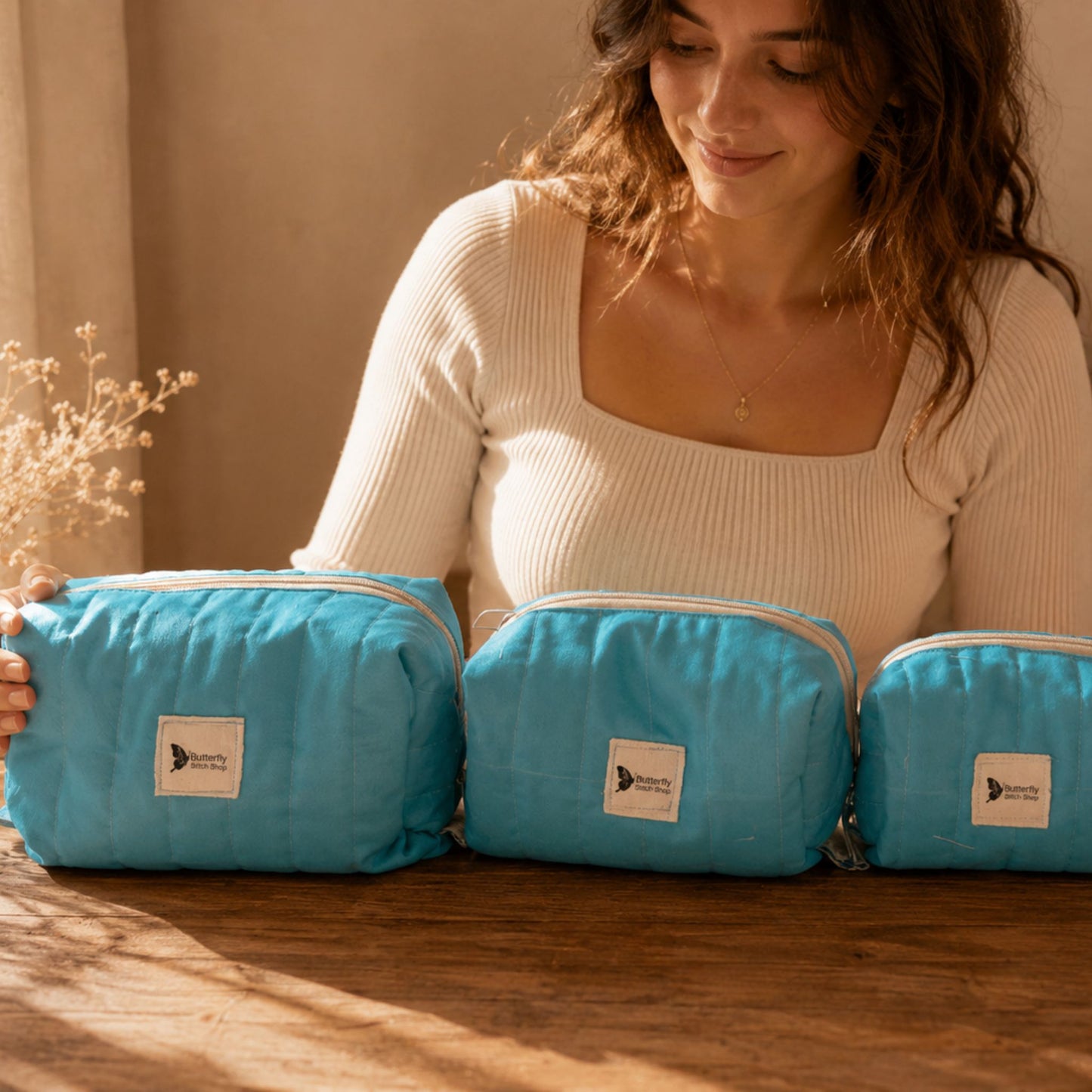 Handmade Quilted Makeup Bag Set (3 Sizes) – Wide-Open Cosmetic Organizer with Compartments – Travel & Everyday Use