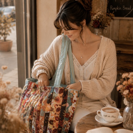 Handmade Quilted Tote Bag -Harvest Floral Cotton Shoulder Bag for Women, Market & Everyday Use