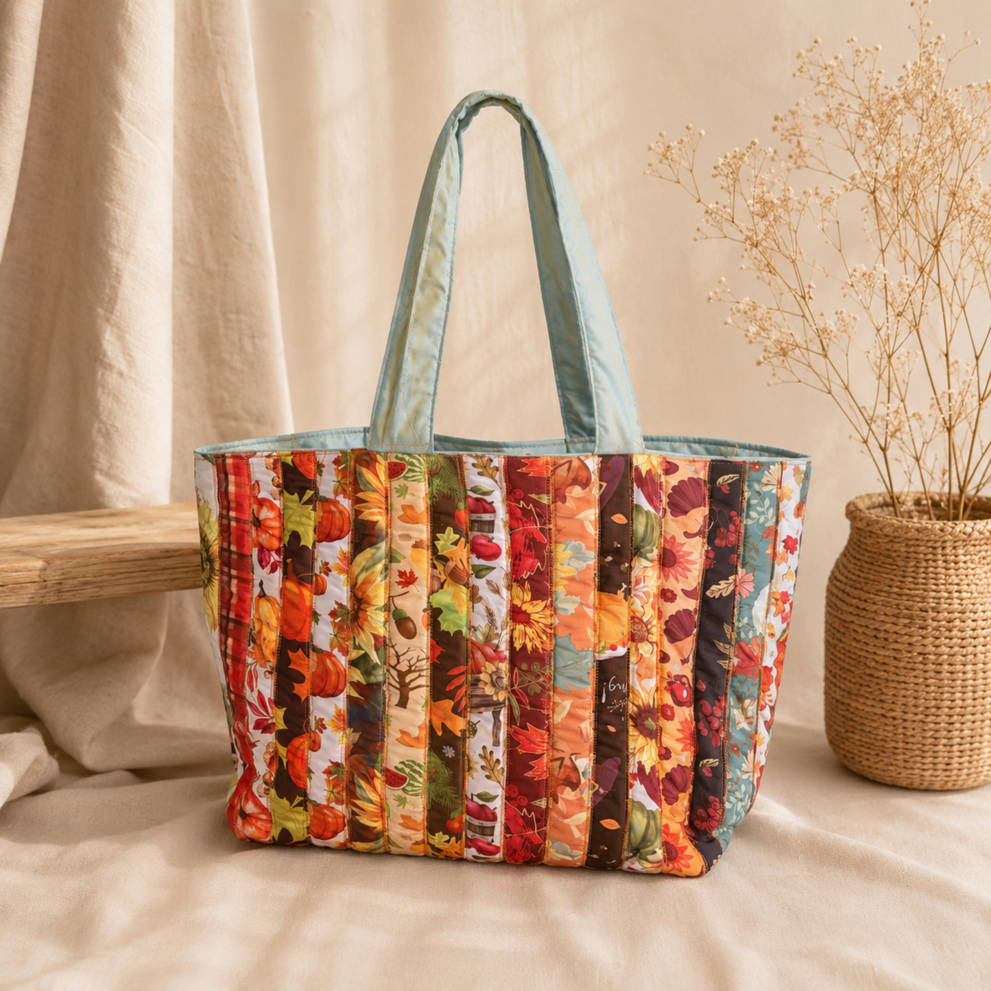 Handmade Quilted Tote Bag -Harvest Floral Cotton Shoulder Bag for Women, Market & Everyday Use