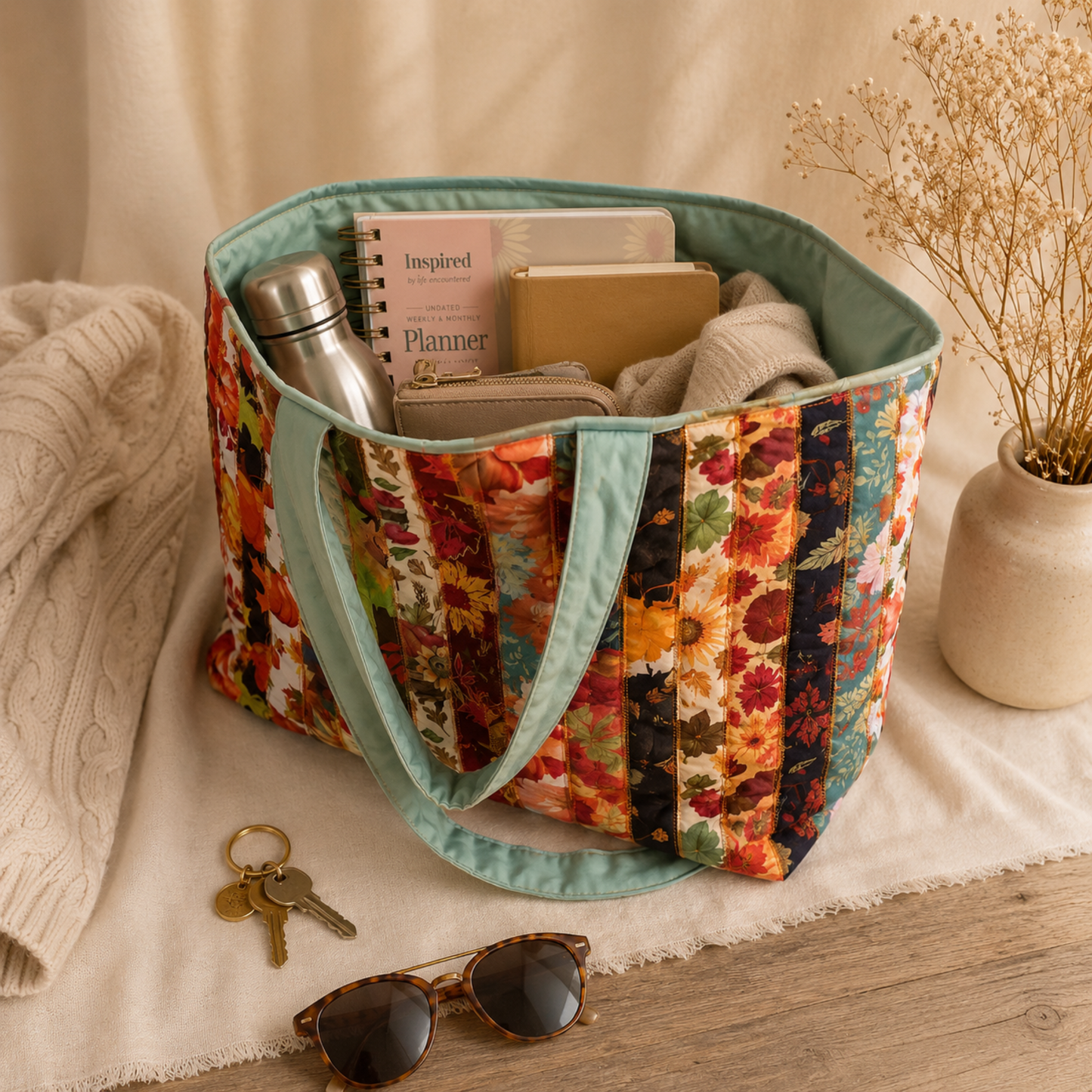 Handmade Quilted Tote Bag -Harvest Floral Cotton Shoulder Bag for Women, Market & Everyday Use