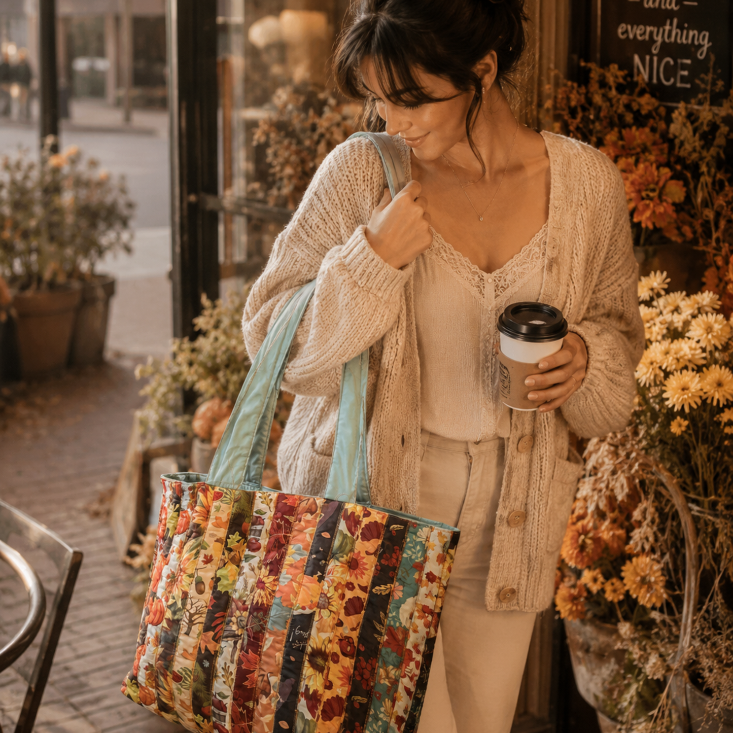 Handmade Quilted Tote Bag -Harvest Floral Cotton Shoulder Bag for Women, Market & Everyday Use