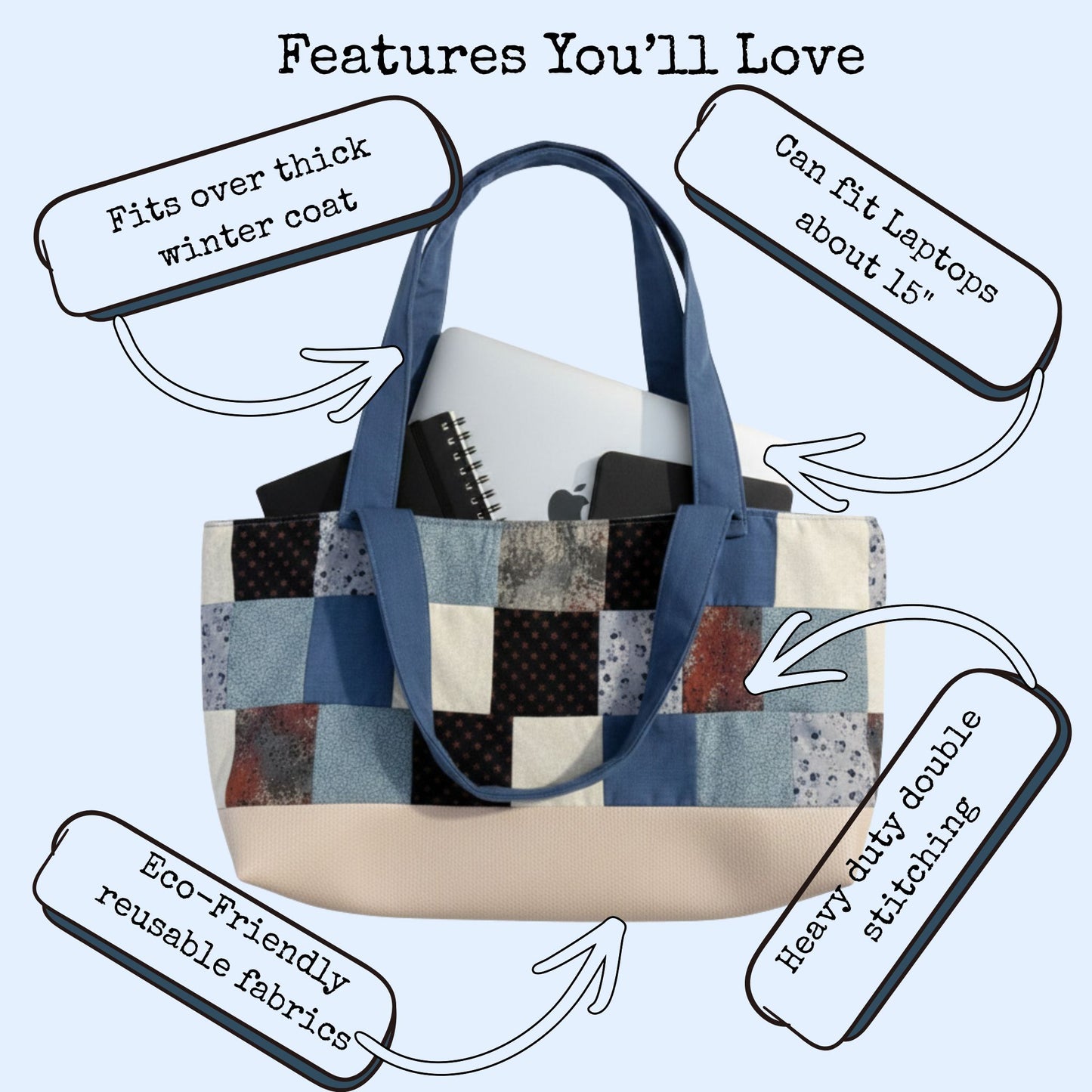 Handmade Patchwork Tote Bag – Blue Cotton Market Bag, Everyday Shoulder Bag