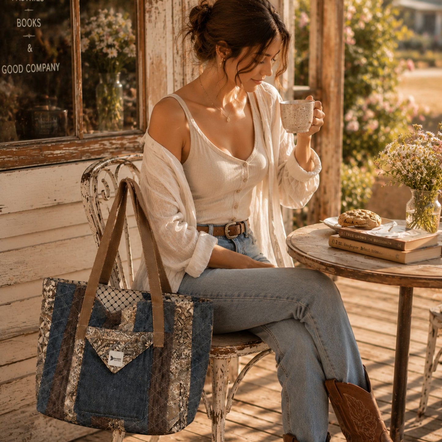 Handmade Quilted Tote Bag – Rustic Country Romantic Patchwork Shoulder Bag for Everyday Use