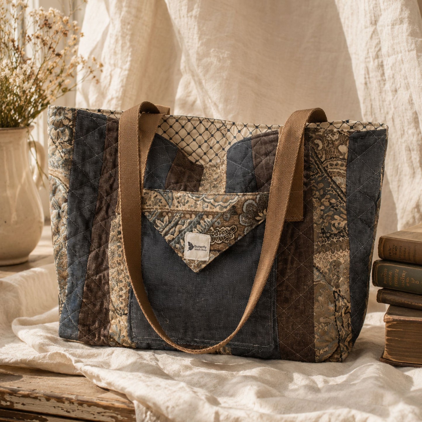 Handmade Quilted Tote Bag – Rustic Country Romantic Patchwork Shoulder Bag for Everyday Use