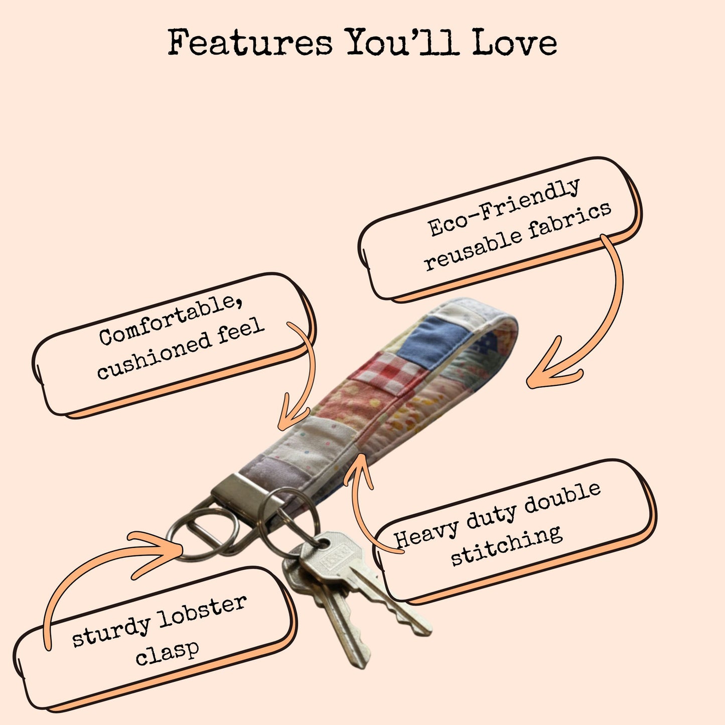 Patchwork Fabric Wristlet Keychain - Handmade Quilted Key Fob