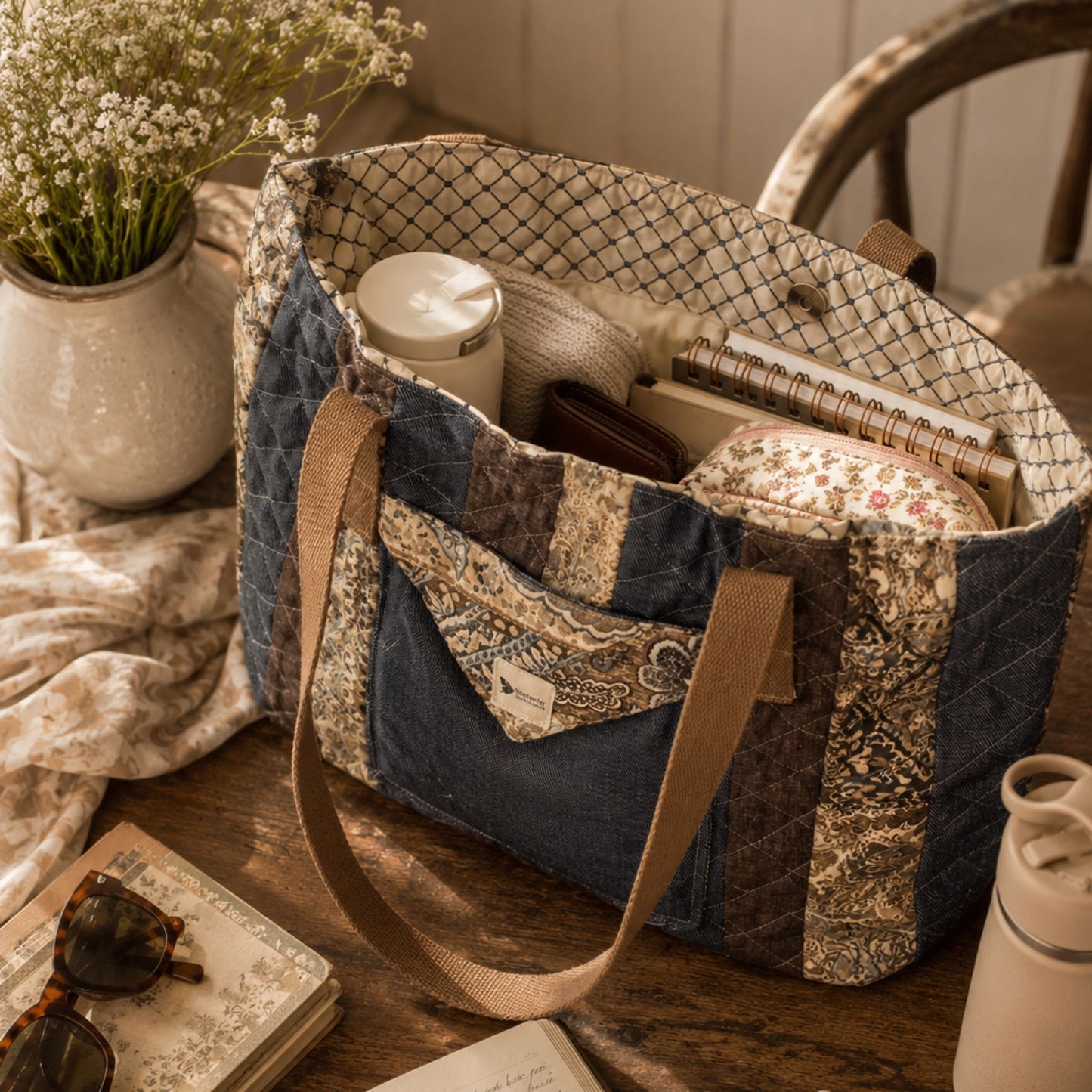 Handmade Quilted Tote Bag – Rustic Country Romantic Patchwork Shoulder Bag for Everyday Use