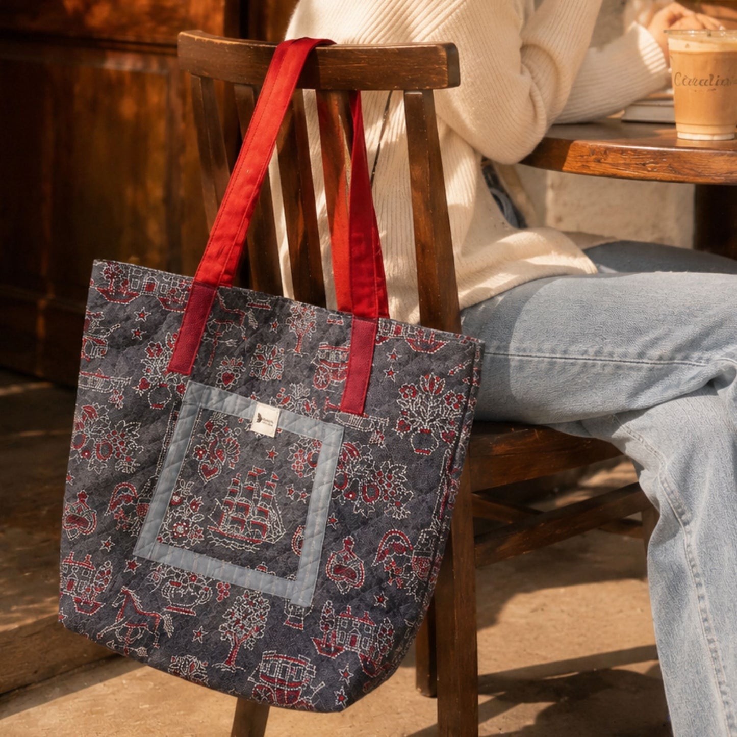 Handmade Quilted Tote Bag - Blue Quilted American Fabric Shoulder Bag  Everyday Use