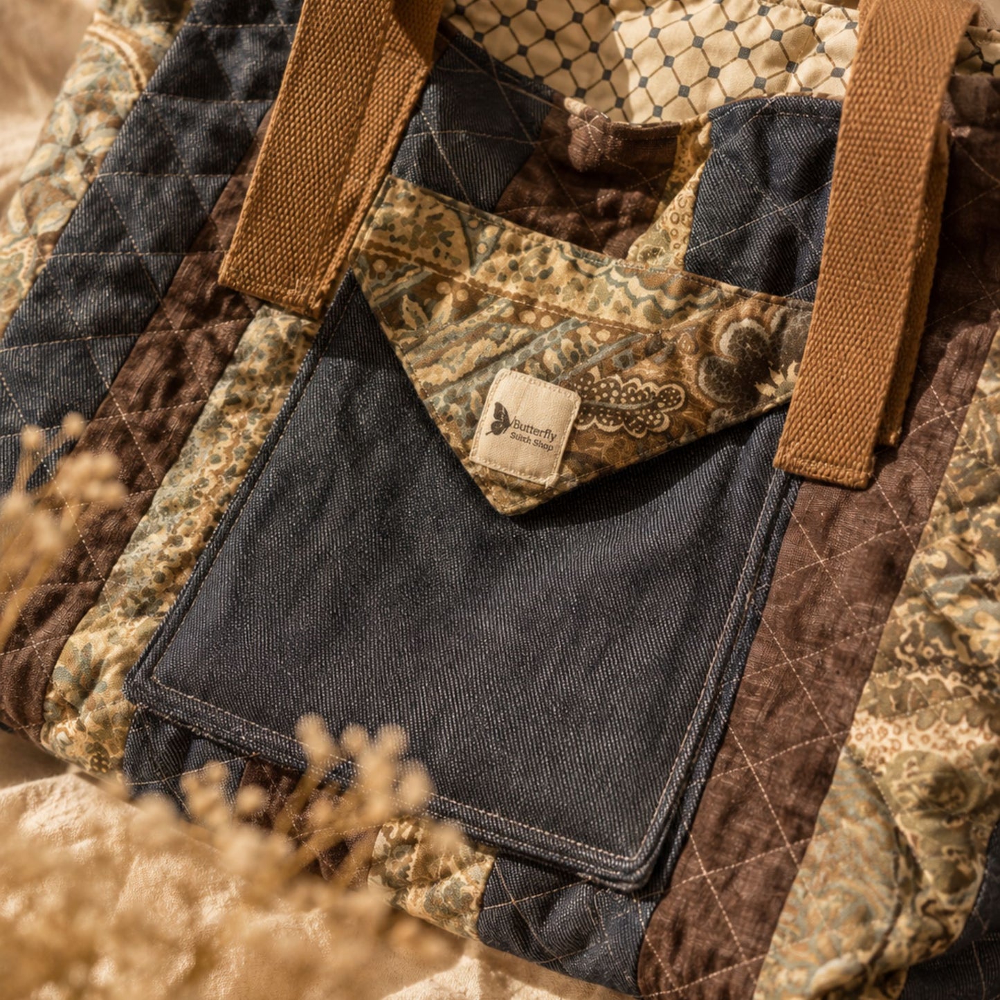 Handmade Quilted Tote Bag – Rustic Country Romantic Patchwork Shoulder Bag for Everyday Use