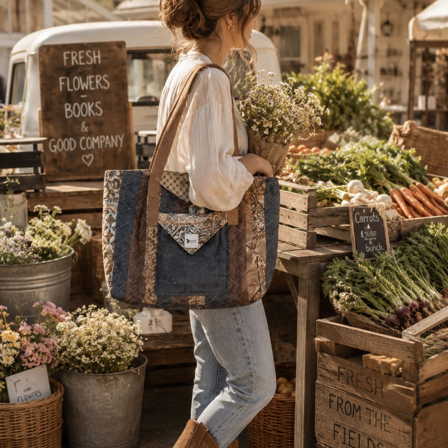Handmade Quilted Tote Bag – Rustic Country Romantic Patchwork Shoulder Bag for Everyday Use