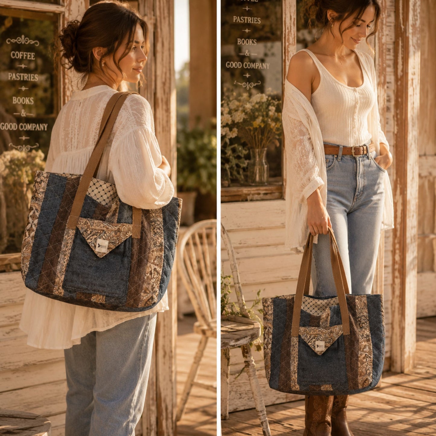 Handmade Quilted Tote Bag – Rustic Country Romantic Patchwork Shoulder Bag for Everyday Use