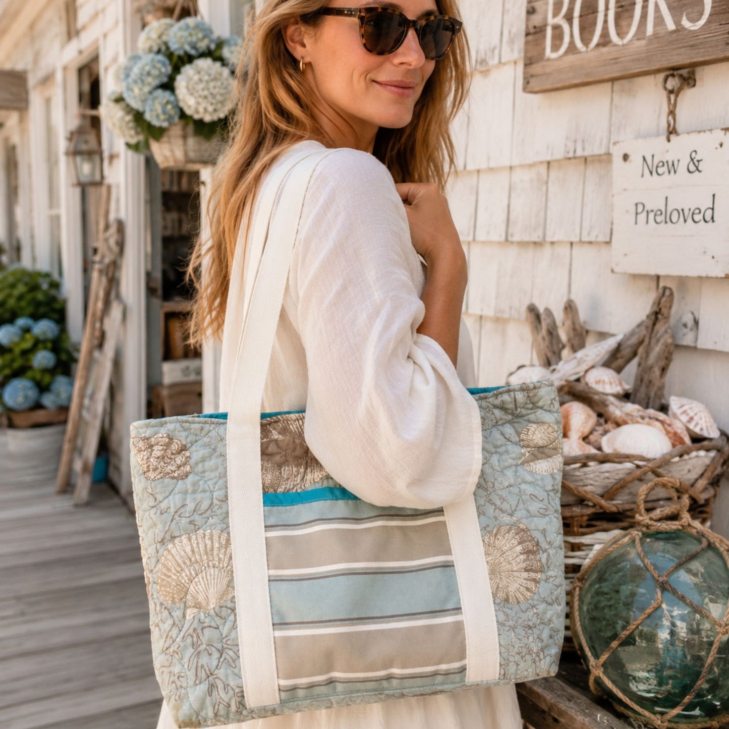 Coastal Seashell Quilted Tote Bag | Handmade Beach Cottage Tote | Upcycled Coastal Shoulder Bag