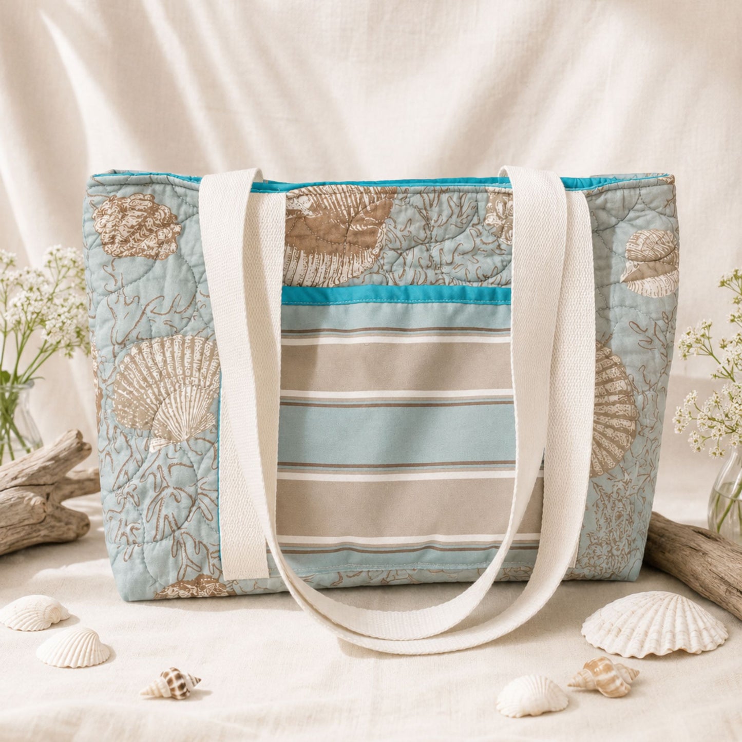 Coastal Seashell Quilted Tote Bag | Handmade Beach Cottage Tote | Upcycled Coastal Shoulder Bag