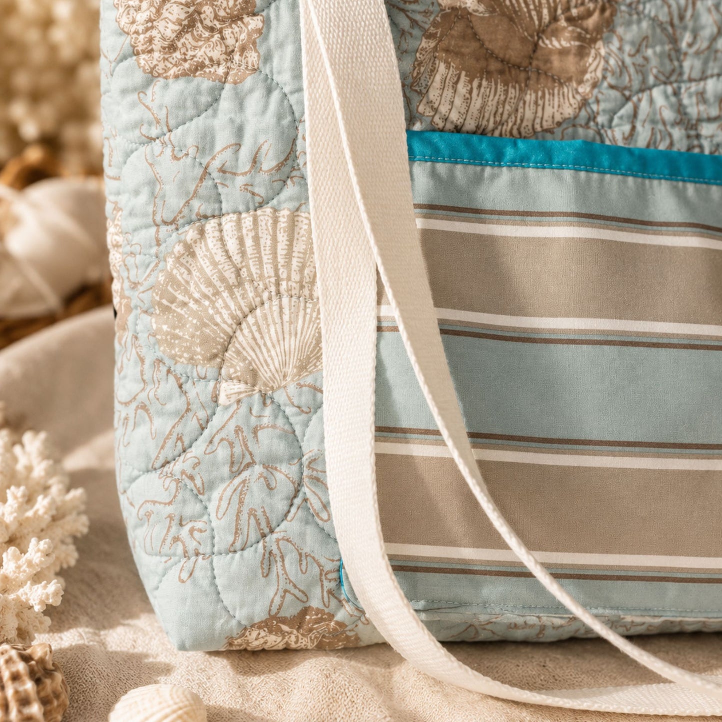 Coastal Seashell Quilted Tote Bag | Handmade Beach Cottage Tote | Upcycled Coastal Shoulder Bag