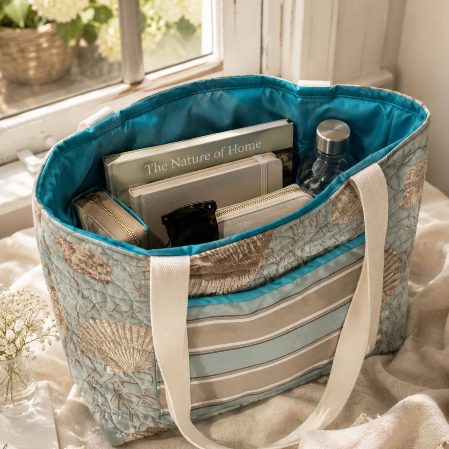 Coastal Seashell Quilted Tote Bag | Handmade Beach Cottage Tote | Upcycled Coastal Shoulder Bag