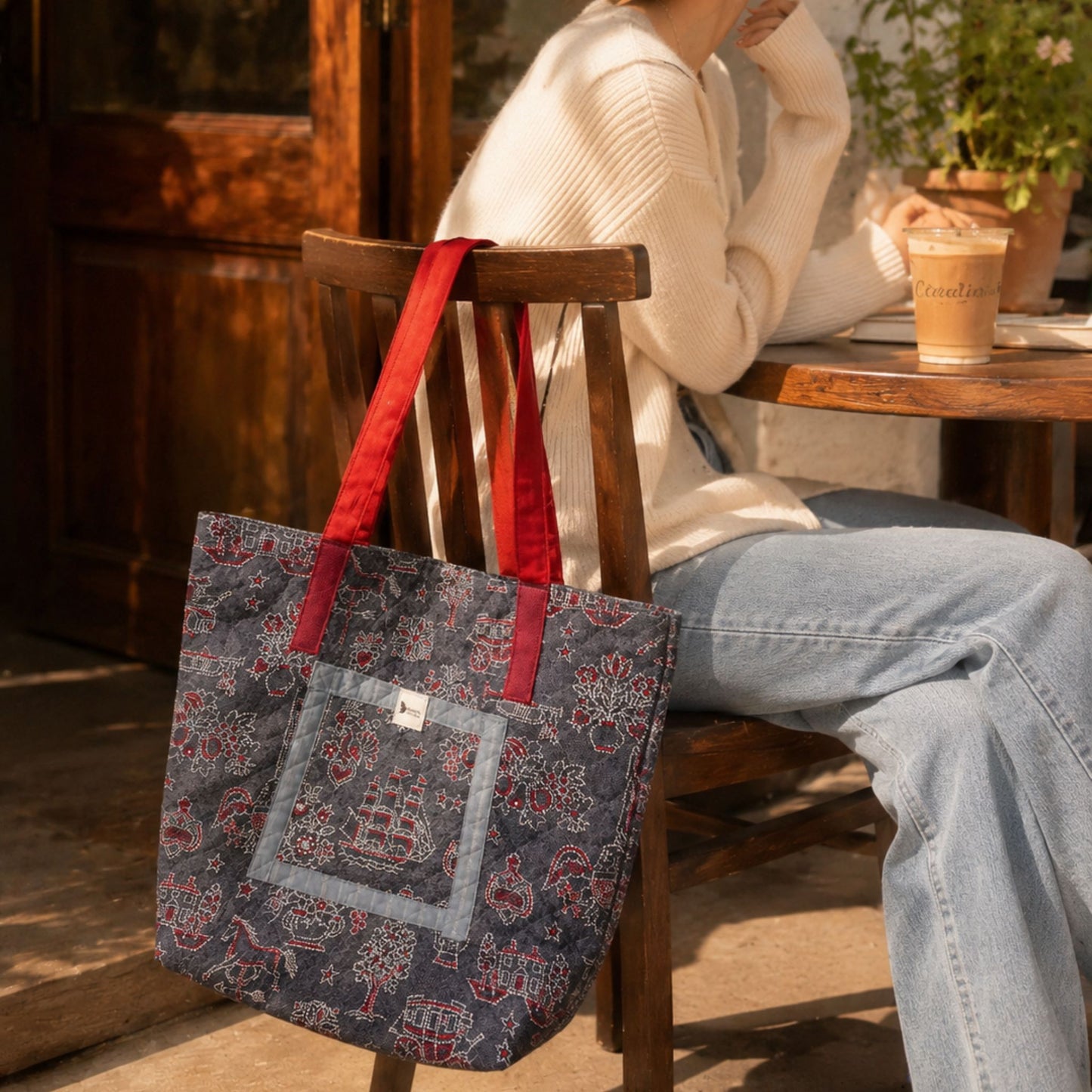 Handmade Quilted Tote Bag - Blue Quilted American Fabric Shoulder Bag  Everyday Use