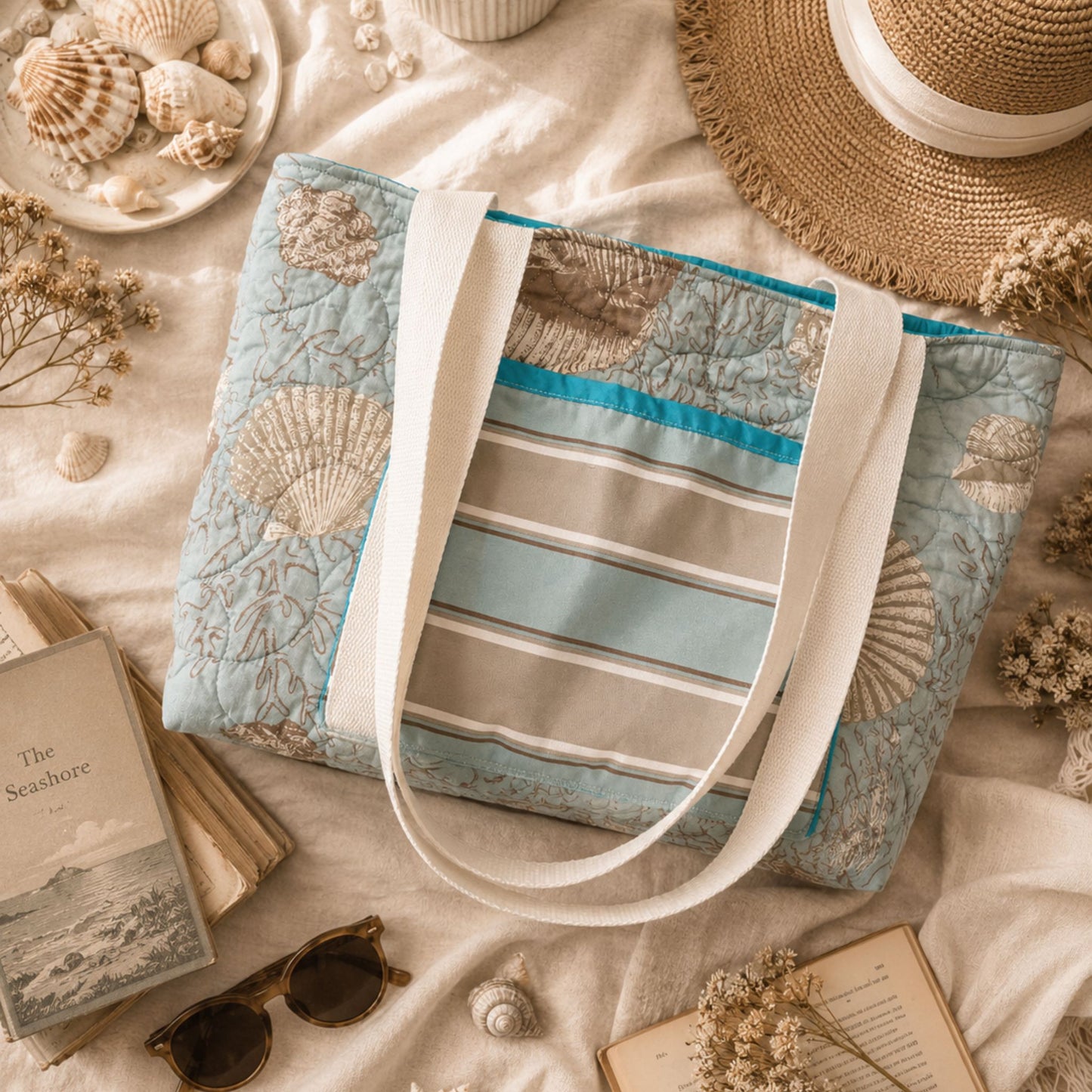 Coastal Seashell Quilted Tote Bag | Handmade Beach Cottage Tote | Upcycled Coastal Shoulder Bag