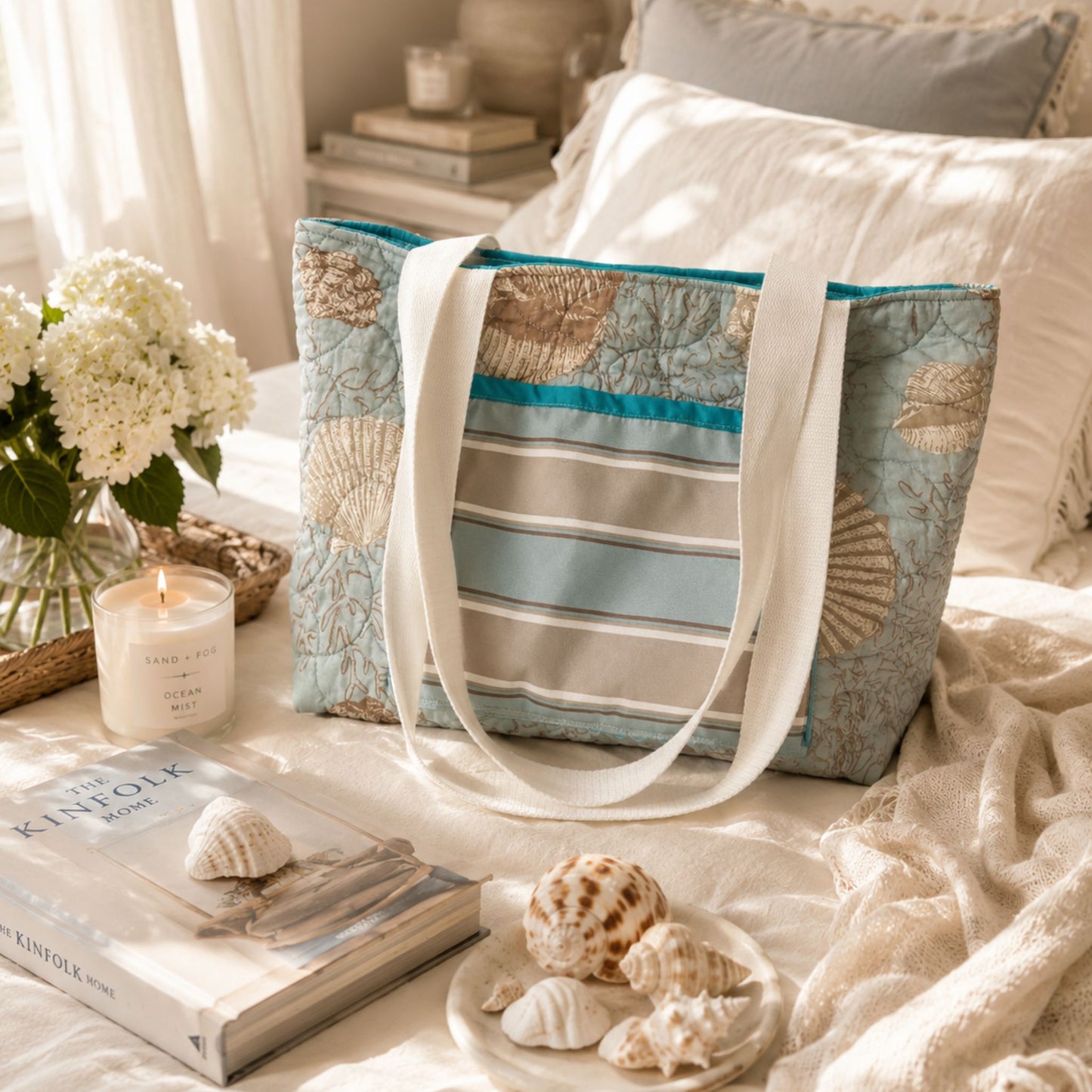 Coastal Seashell Quilted Tote Bag | Handmade Beach Cottage Tote | Upcycled Coastal Shoulder Bag