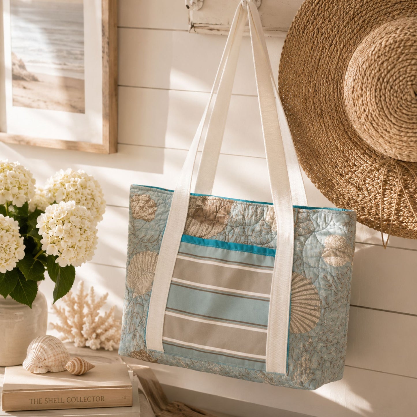 Coastal Seashell Quilted Tote Bag | Handmade Beach Cottage Tote | Upcycled Coastal Shoulder Bag