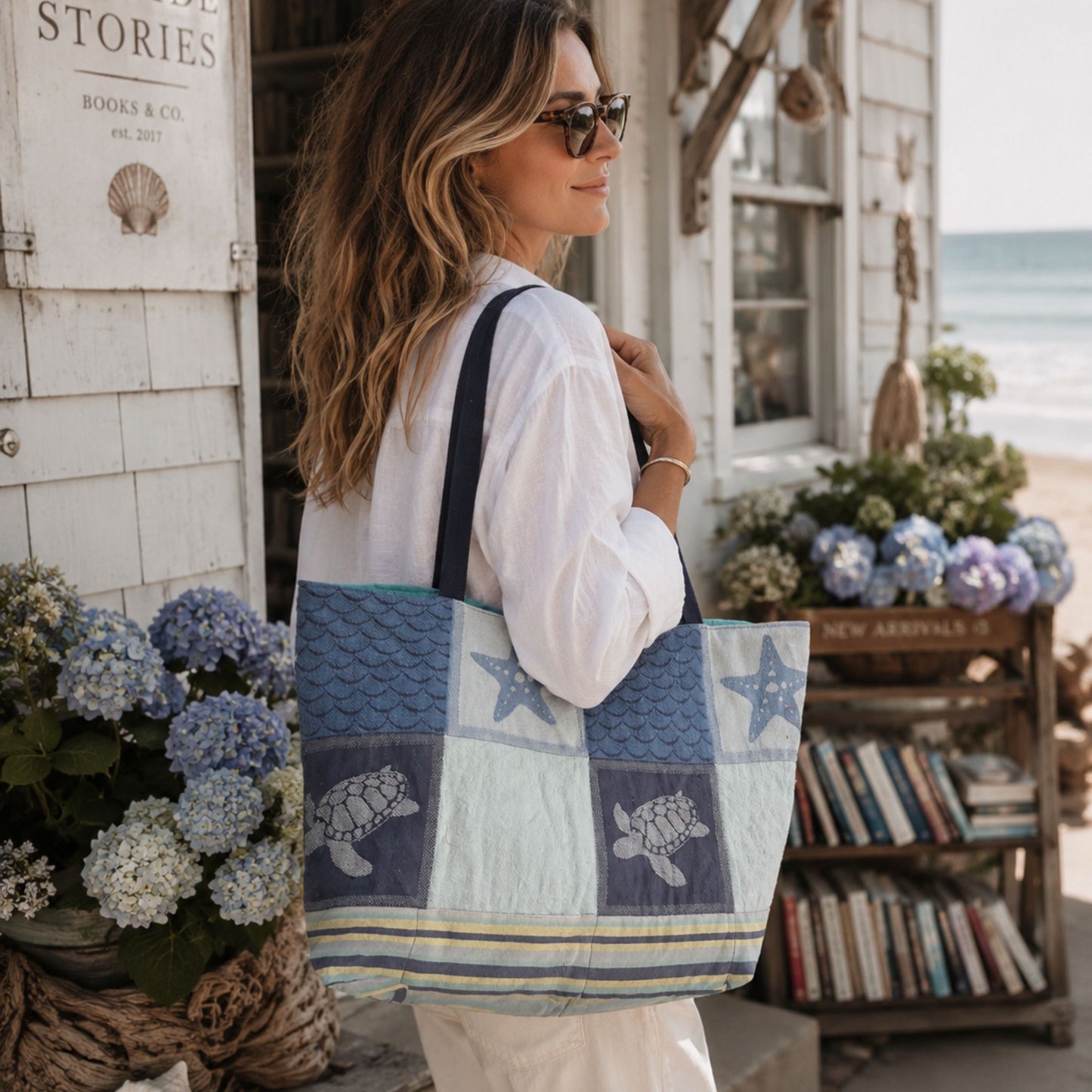 Seaside Escape Quilted Tote Bag | Handmade Turtle Beach Tote  |  Upcycled Ocean Inspired Shoulder Bag