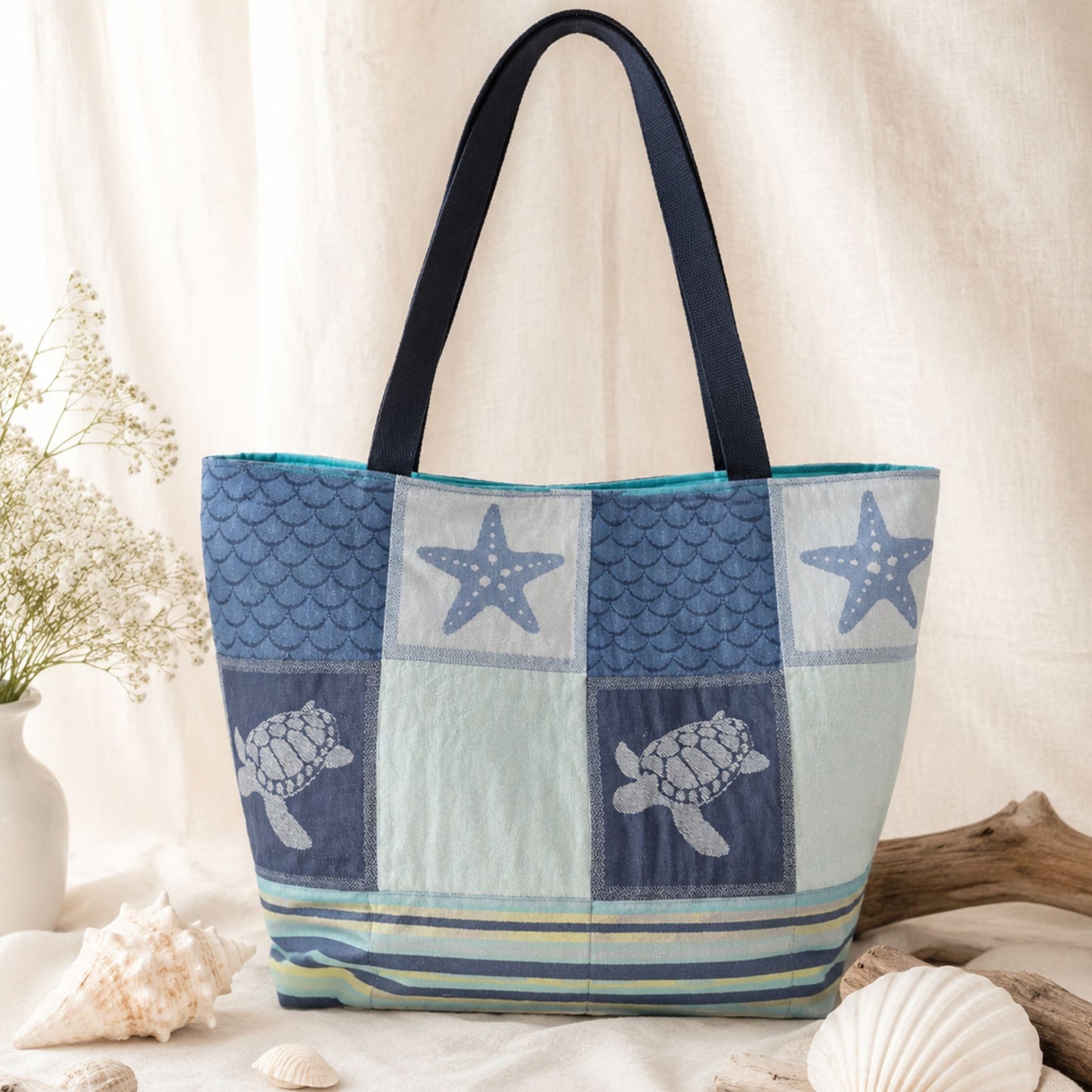 Seaside Escape Quilted Tote Bag | Handmade Turtle Beach Tote  |  Upcycled Ocean Inspired Shoulder Bag