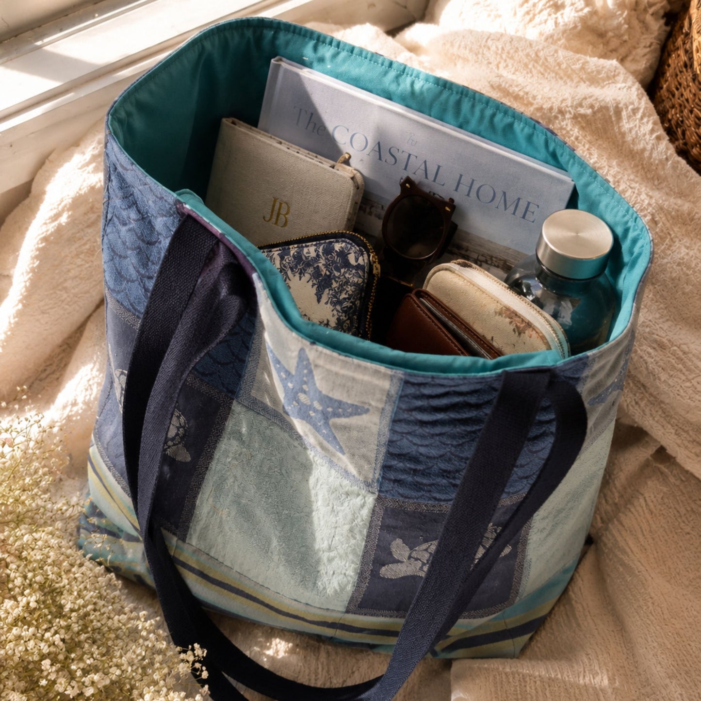 Seaside Escape Quilted Tote Bag | Handmade Turtle Beach Tote  |  Upcycled Ocean Inspired Shoulder Bag