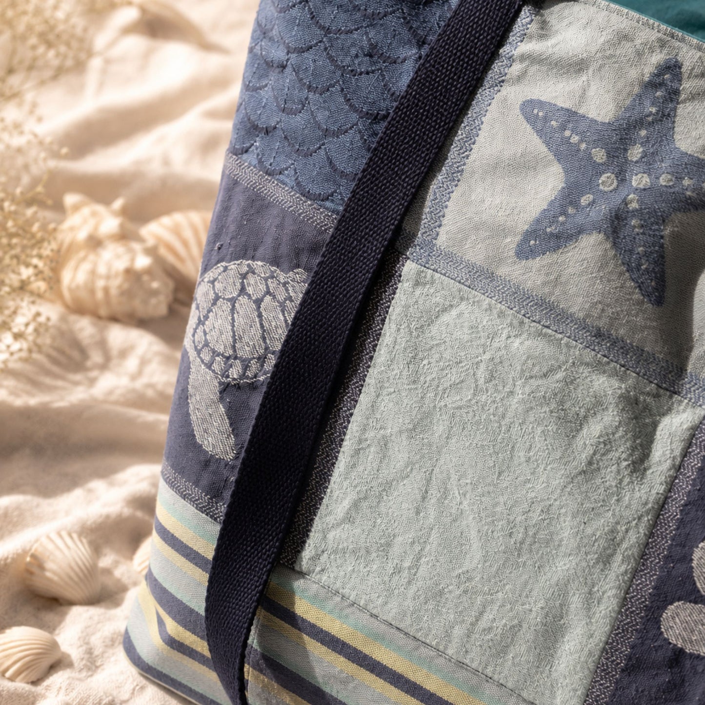 Seaside Escape Quilted Tote Bag | Handmade Turtle Beach Tote  |  Upcycled Ocean Inspired Shoulder Bag