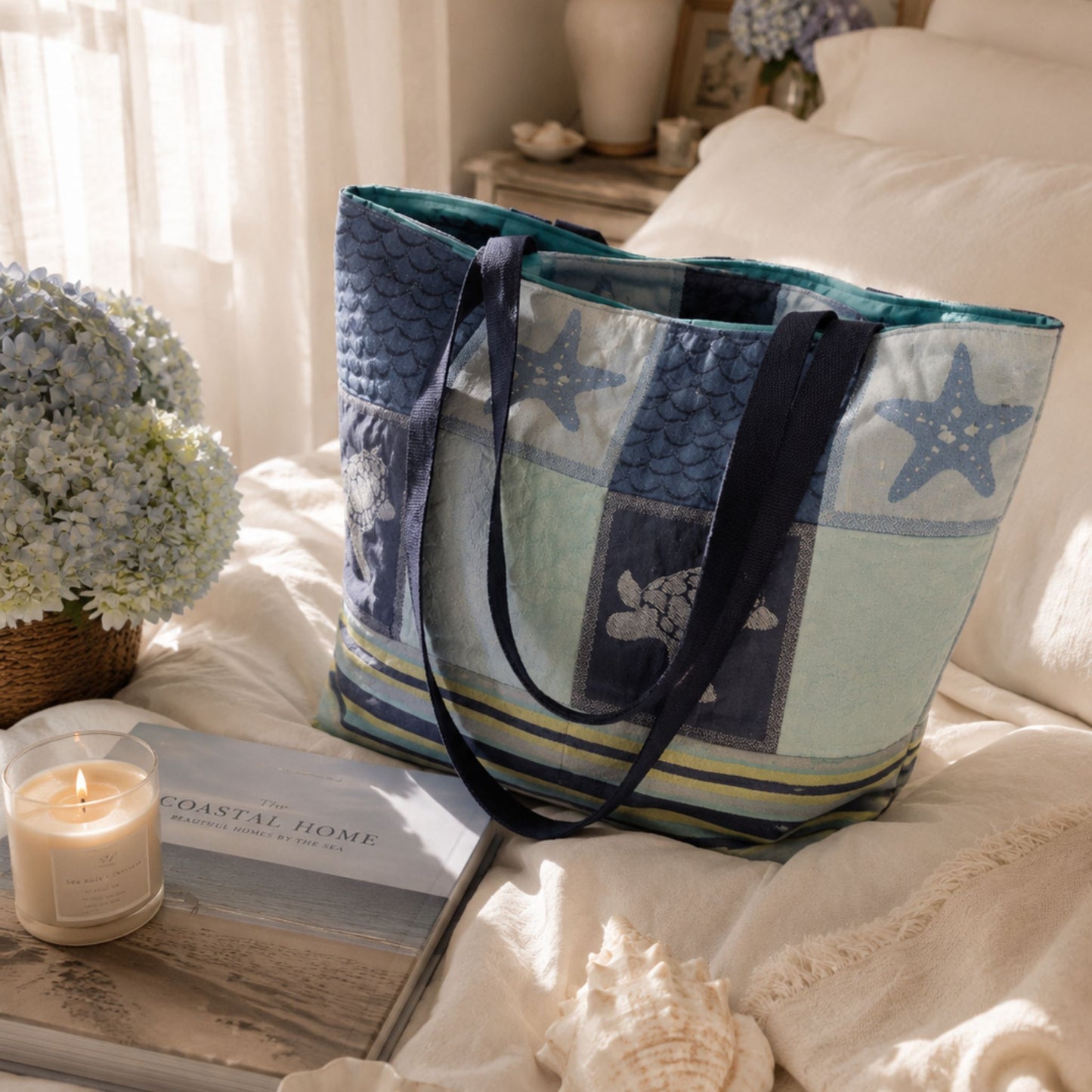 Seaside Escape Quilted Tote Bag | Handmade Turtle Beach Tote  |  Upcycled Ocean Inspired Shoulder Bag