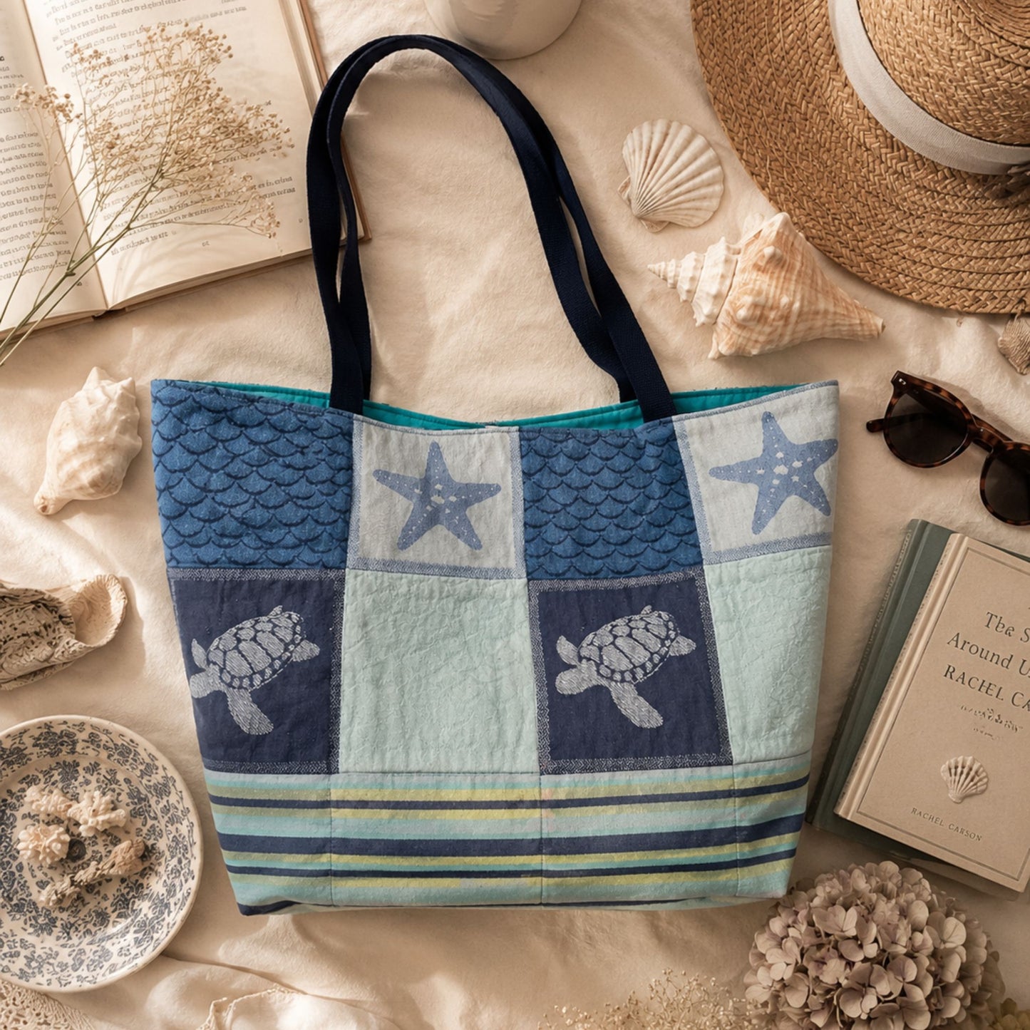 Seaside Escape Quilted Tote Bag | Handmade Turtle Beach Tote  |  Upcycled Ocean Inspired Shoulder Bag