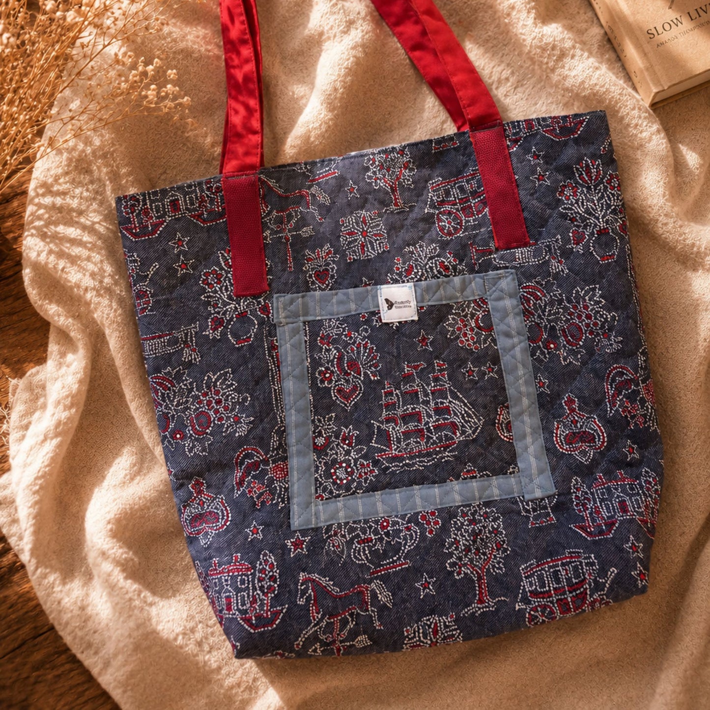 Handmade Quilted Tote Bag - Blue Quilted American Fabric Shoulder Bag  Everyday Use