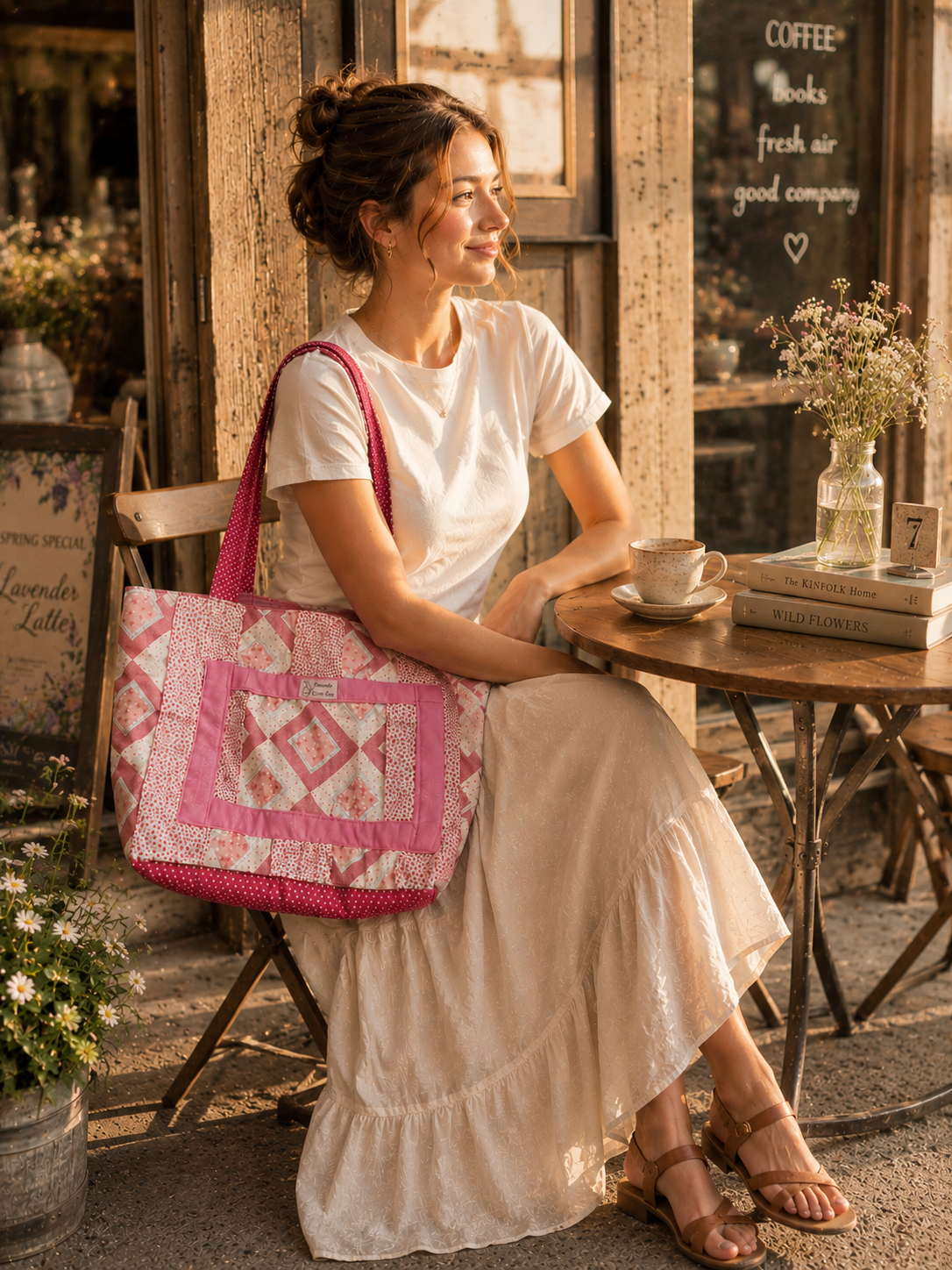 Rose Cottage Quilted Tote Bag | Handmade Pink Patchwork Floral Cotton Shoulder Bag