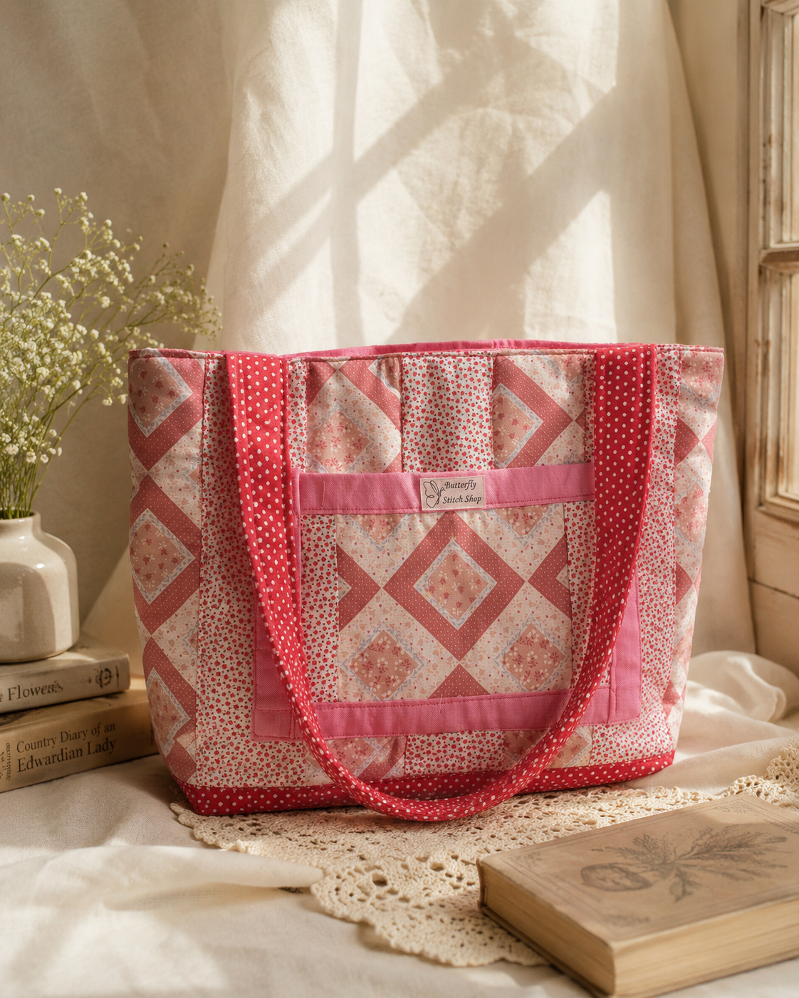Rose Cottage Quilted Tote Bag | Handmade Pink Patchwork Floral Cotton Shoulder Bag