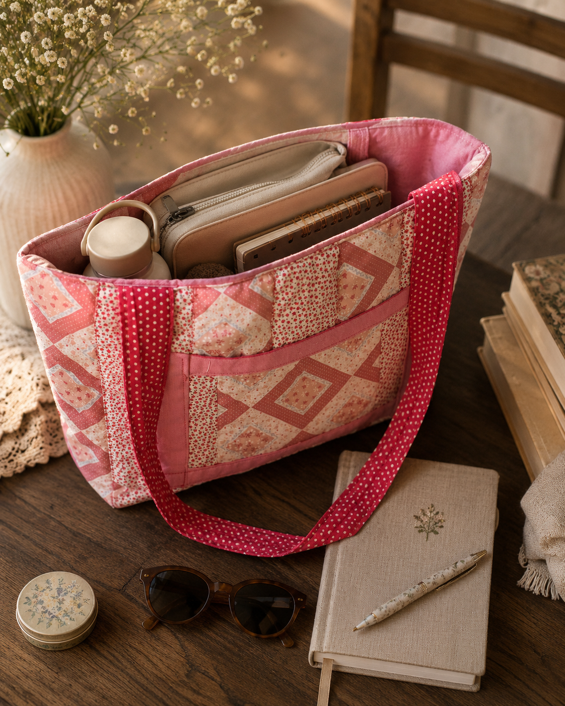 Rose Cottage Quilted Tote Bag | Handmade Pink Patchwork Floral Cotton Shoulder Bag