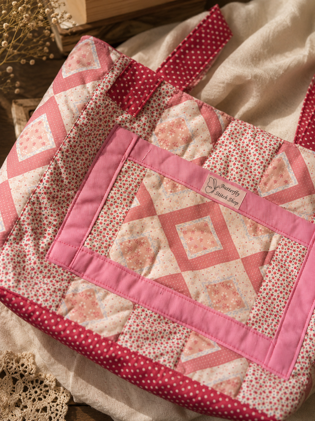 Rose Cottage Quilted Tote Bag | Handmade Pink Patchwork Floral Cotton Shoulder Bag