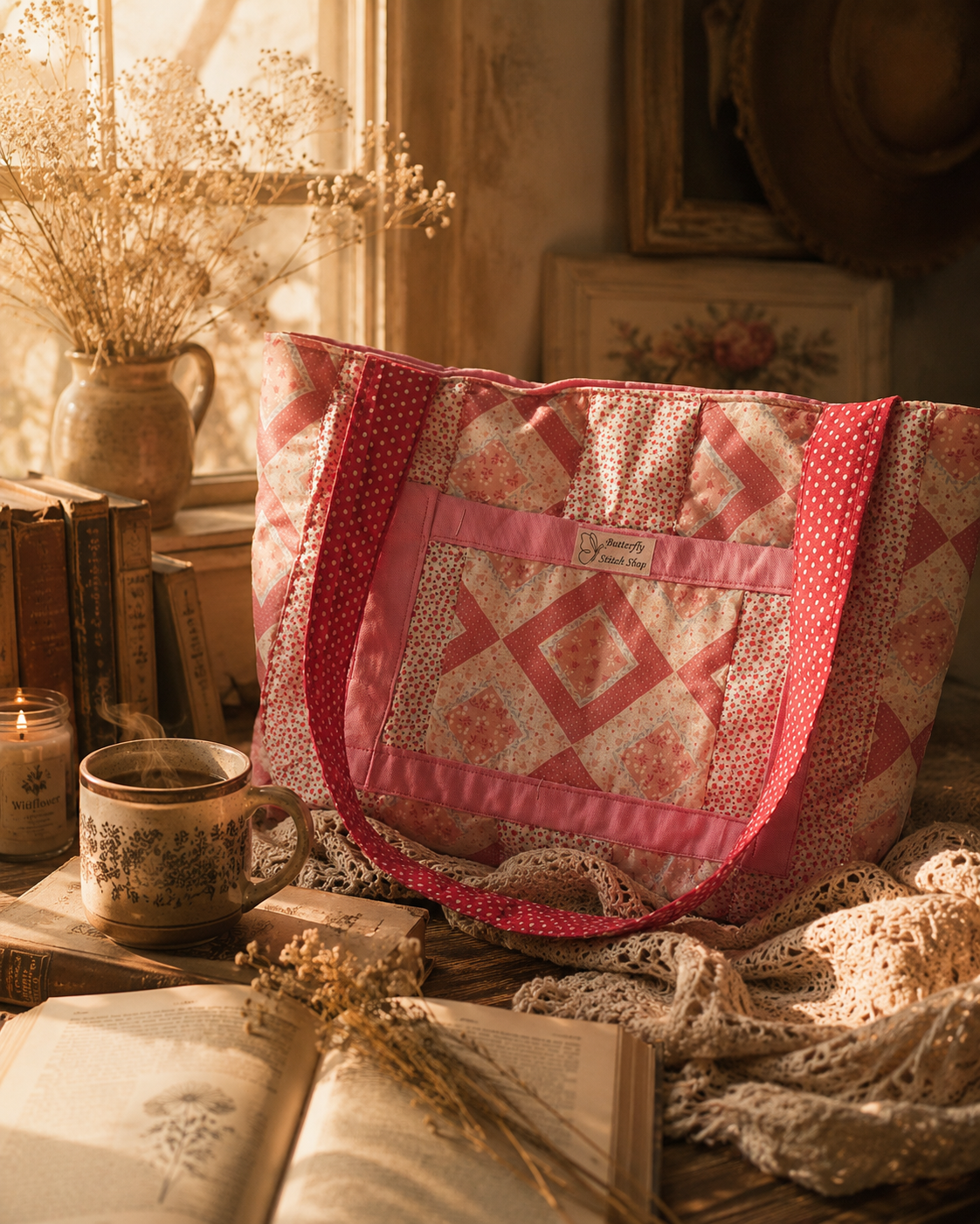 Rose Cottage Quilted Tote Bag | Handmade Pink Patchwork Floral Cotton Shoulder Bag