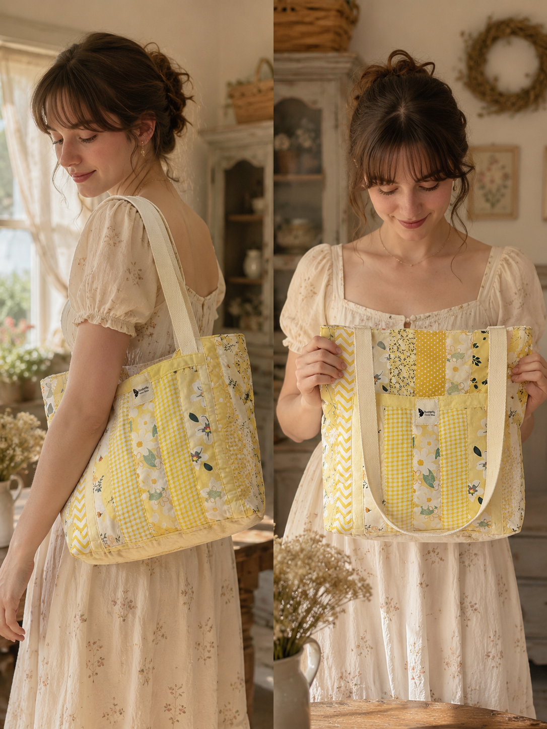 Handmade Quilted Tote Bag - Yellow Cotton Shoulder Bag for Women, Market & Everyday Use
