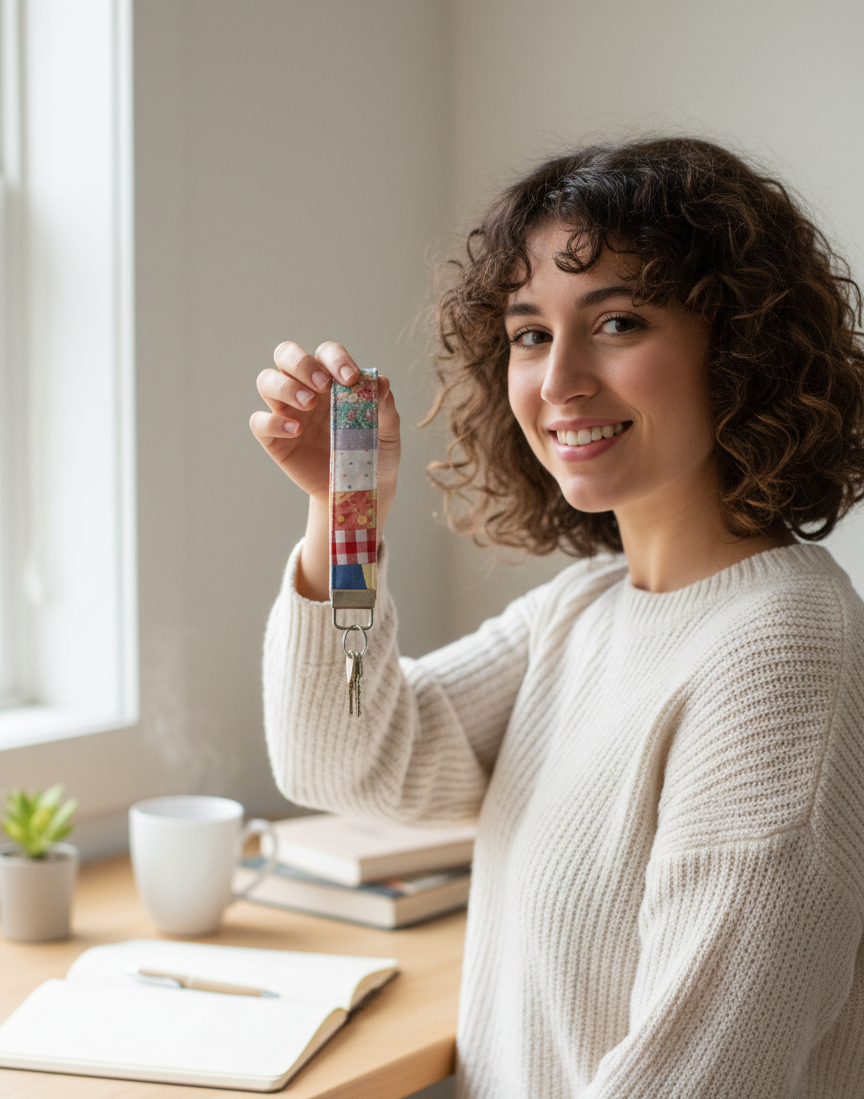 Model holding a Patchwork Fabric Wristlet handmade keychain with silver clasp 