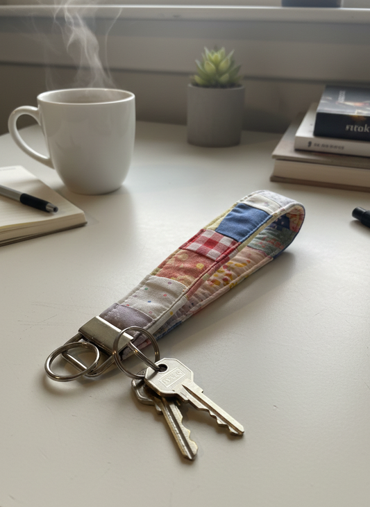 Close-up shot of a Patchwork Fabric Wristlet keychain in a colorful patchwork design with keys attached, resting on a white desk next to a steaming mug and notebooks.