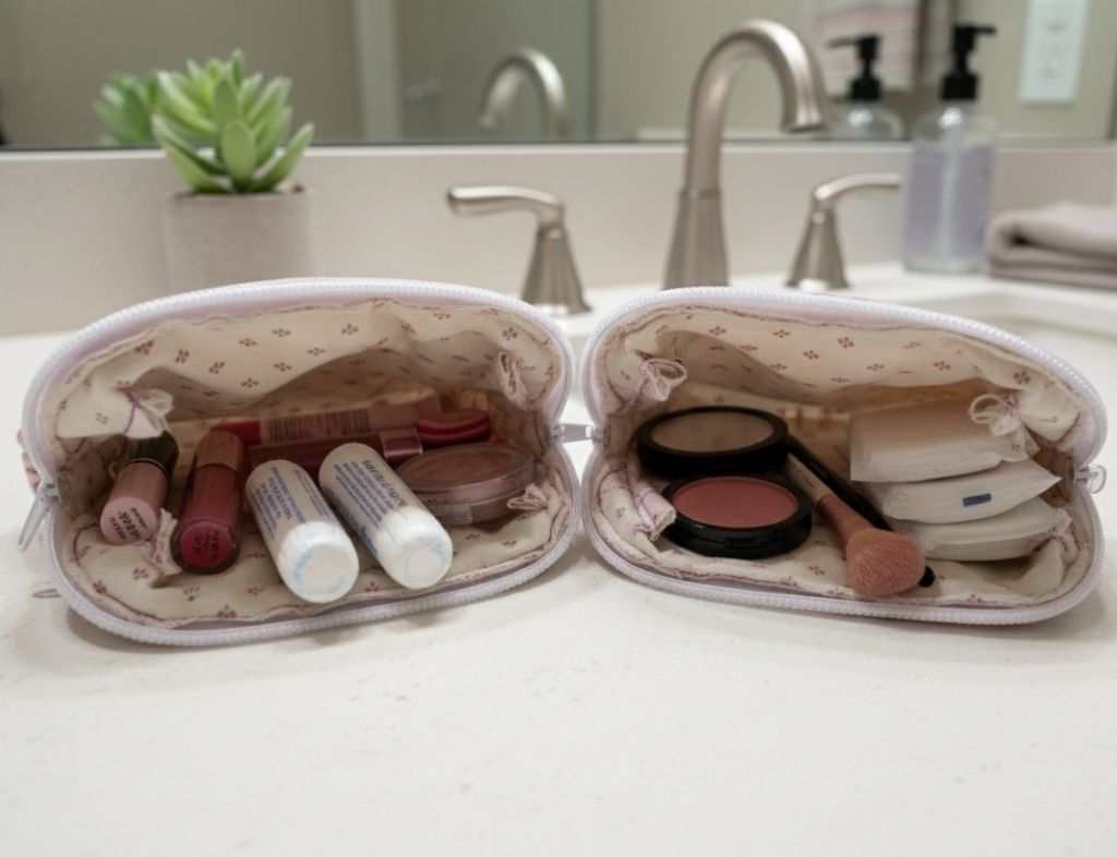 Two open Flannel Plaid Zipper Pouch makeup organizer set on a bathroom counter with various cosmetic items.