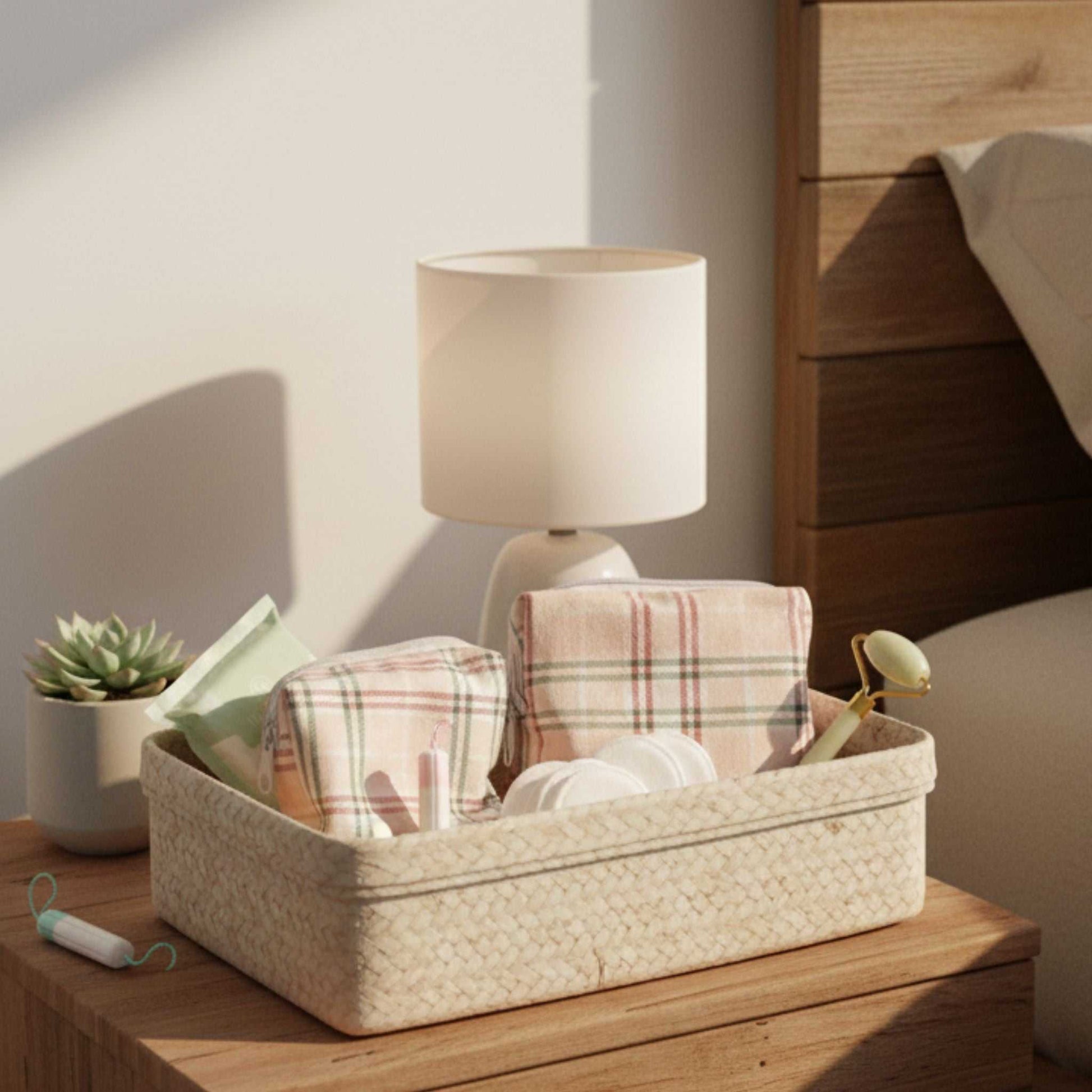 Wooden nightstand with a woven basket containing skincare essentials, including Flannel Plaid Zipper Pouch reusable makeup remover cloths, a jade roller, and cotton pads, next to a cozy, diamond-patterned duvet and a lamp. Home decor and self-care organization.